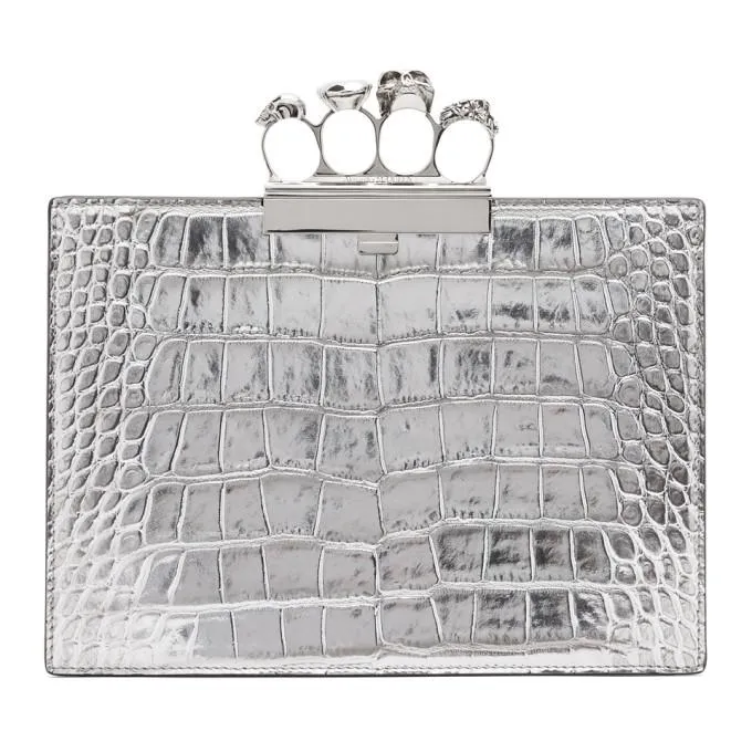 Alexander McQueen Silver Croc Small Four Ring Clutch