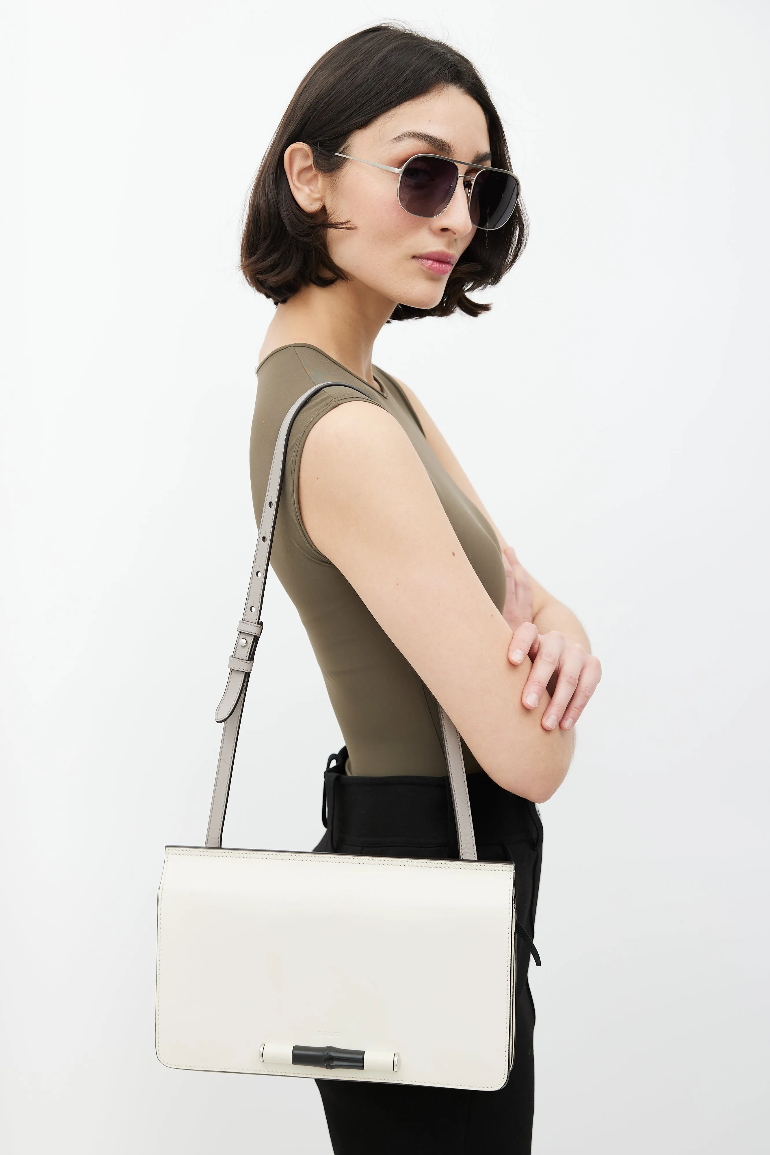Beige Leather Lady Bamboo Shoulder Bag
