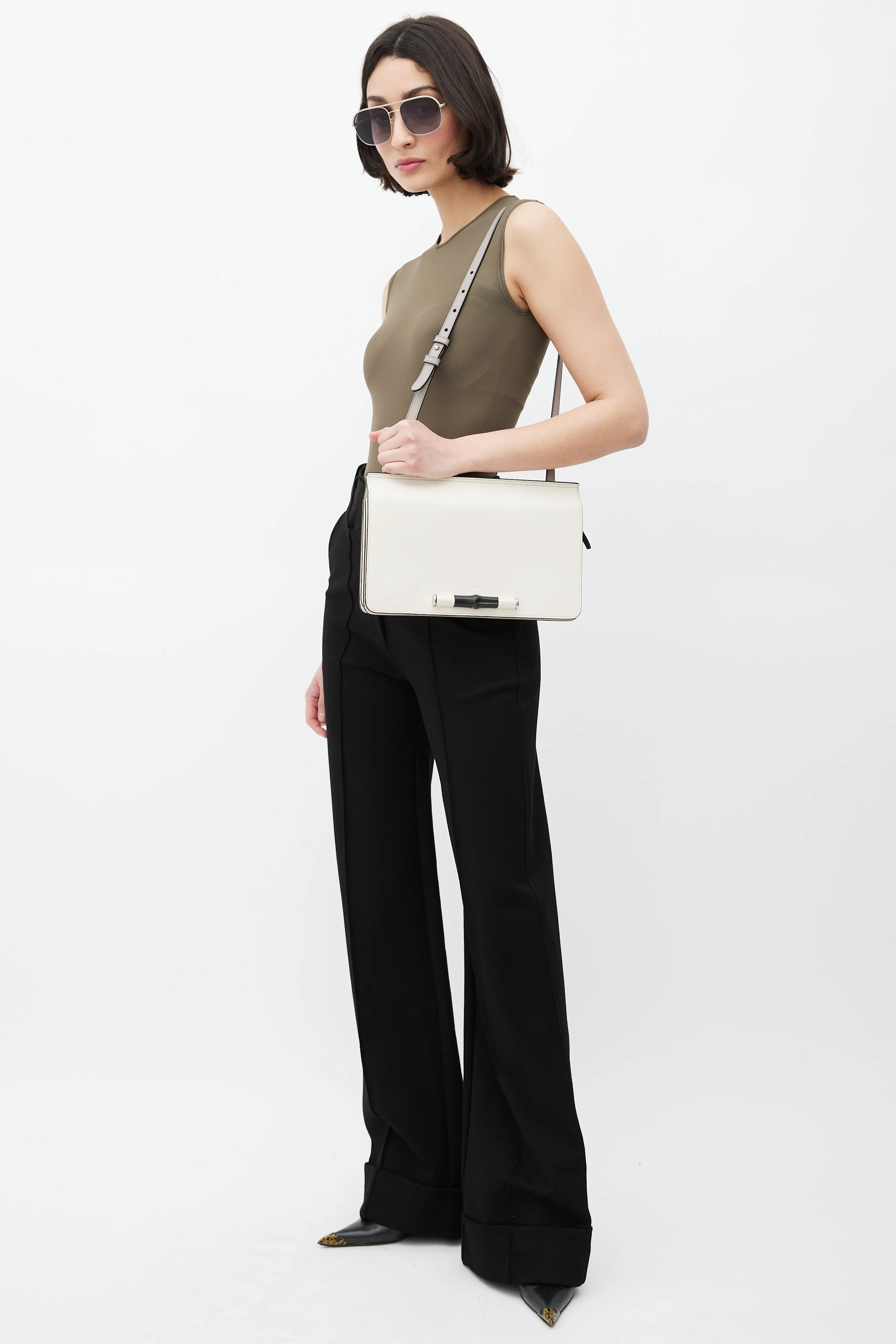 Beige Leather Lady Bamboo Shoulder Bag