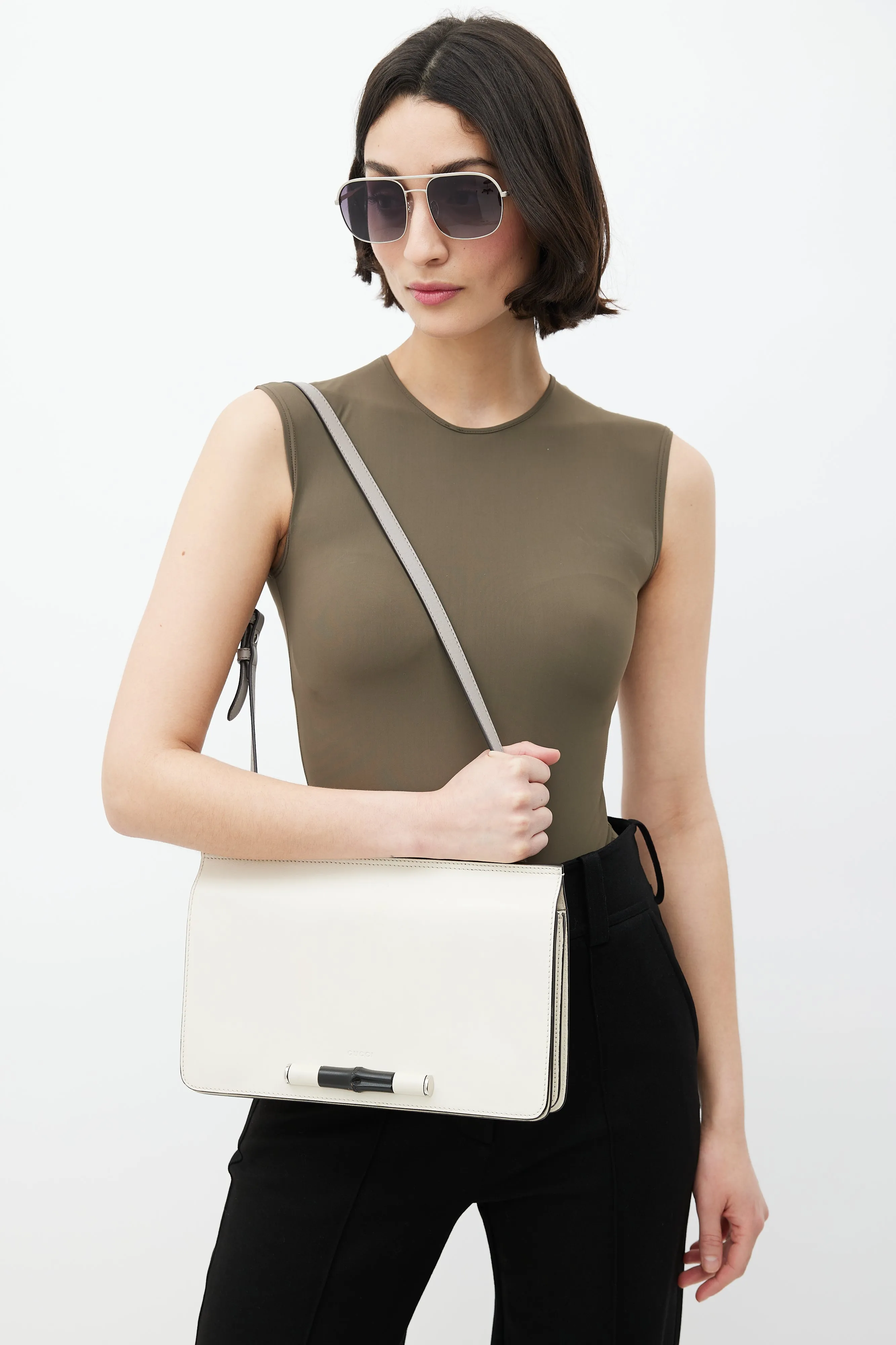 Beige Leather Lady Bamboo Shoulder Bag