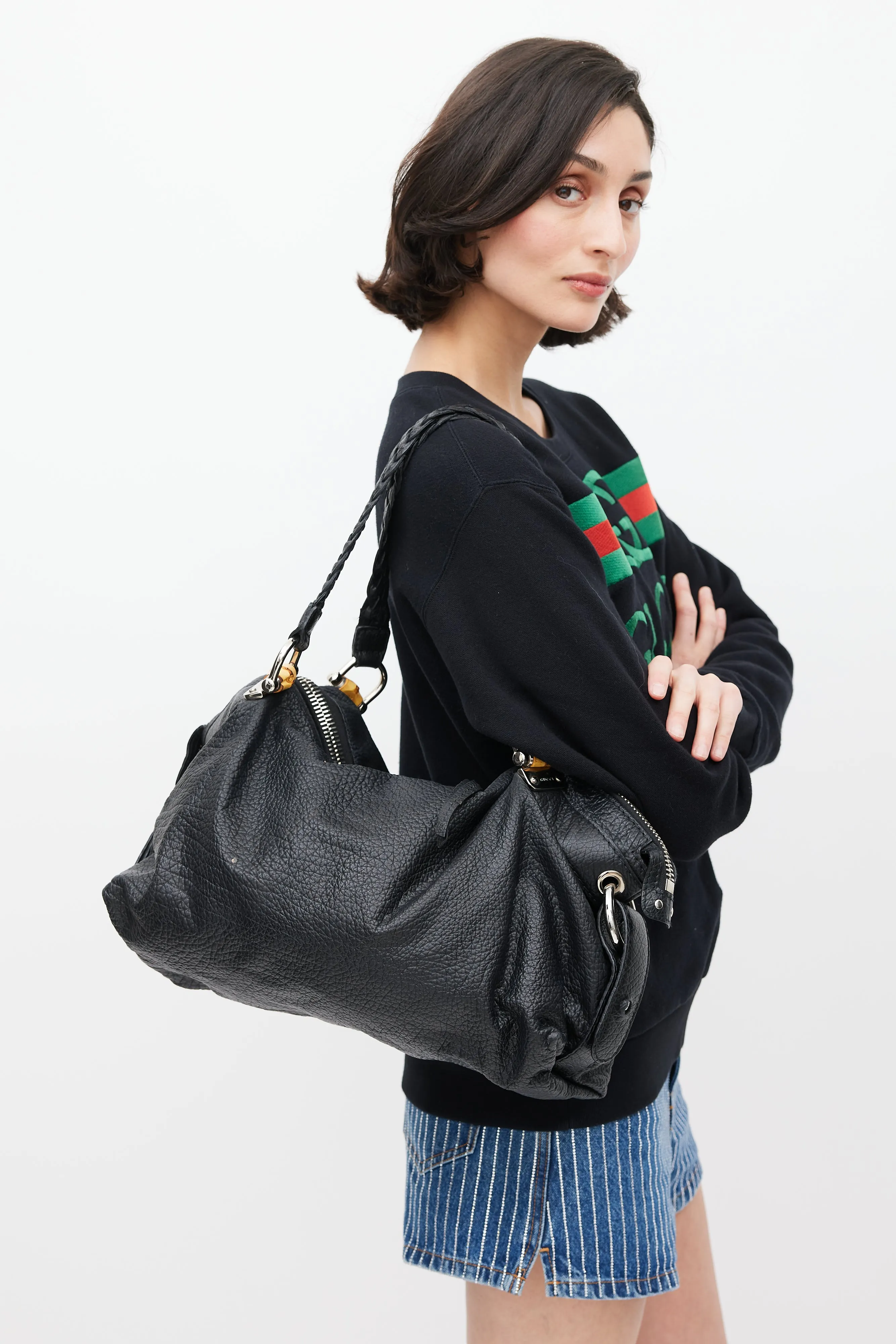 Black Leather Bamboo Bar Tote Bag