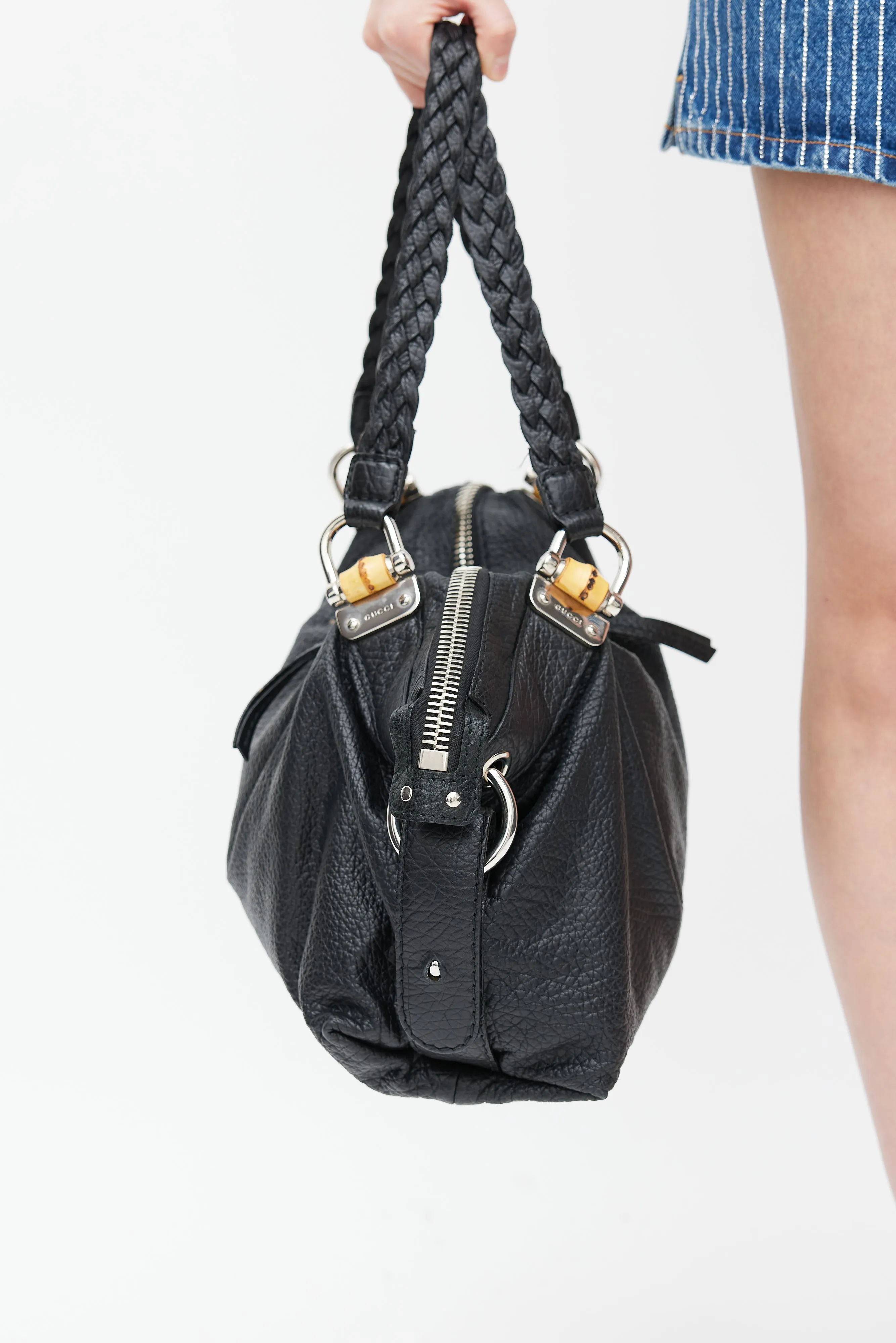 Black Leather Bamboo Bar Tote Bag
