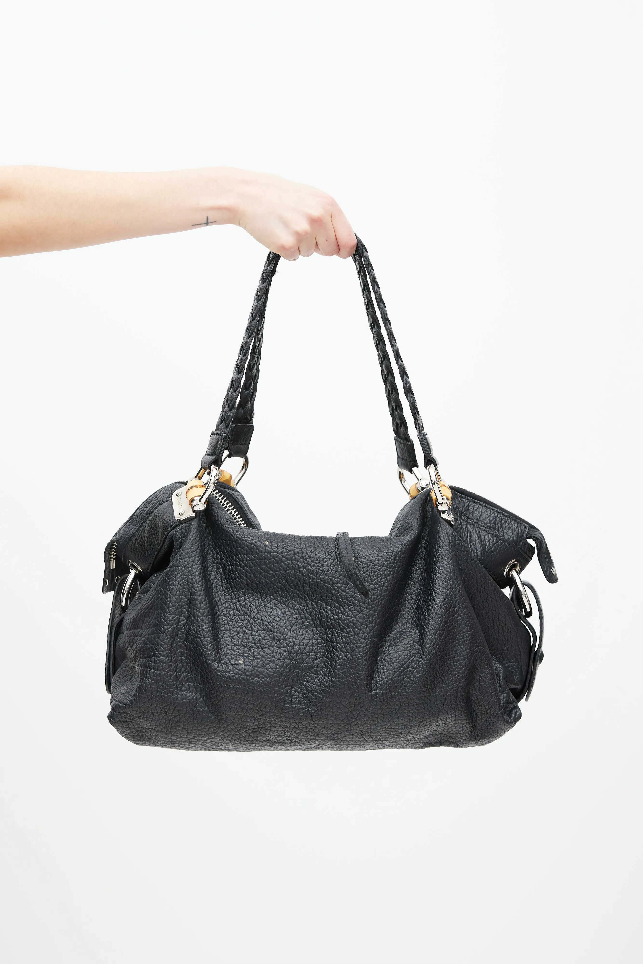Black Leather Bamboo Bar Tote Bag