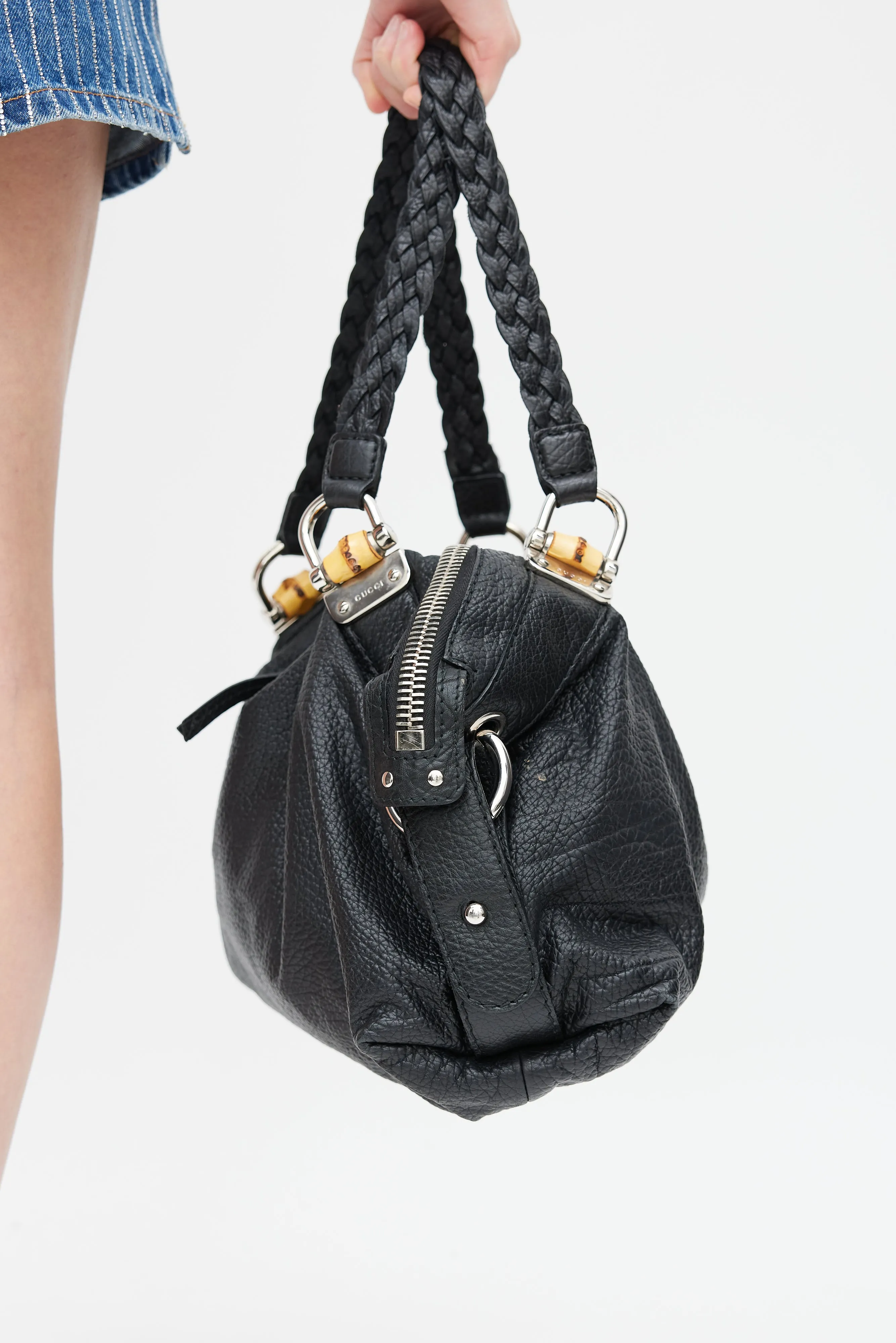 Black Leather Bamboo Bar Tote Bag