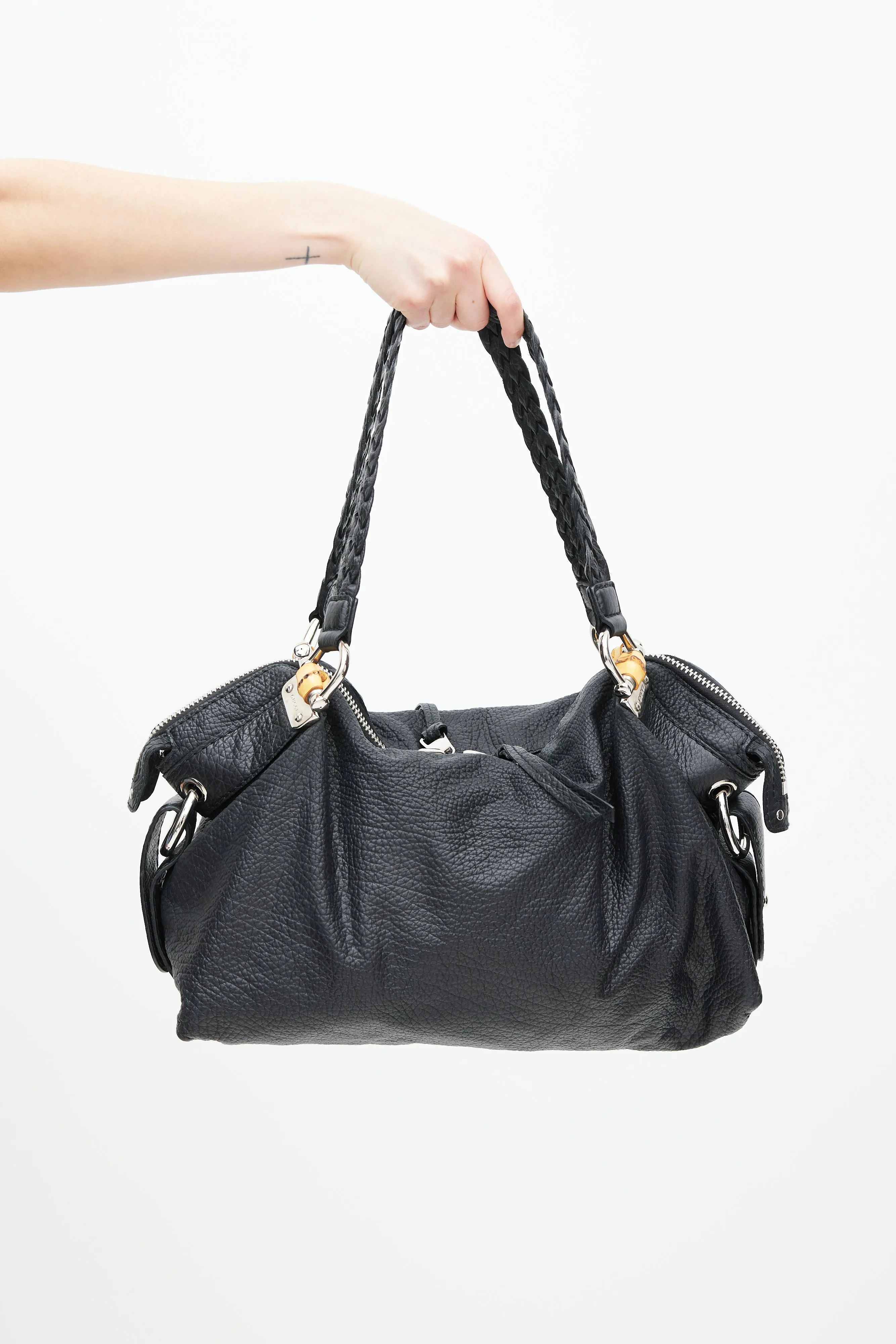 Black Leather Bamboo Bar Tote Bag
