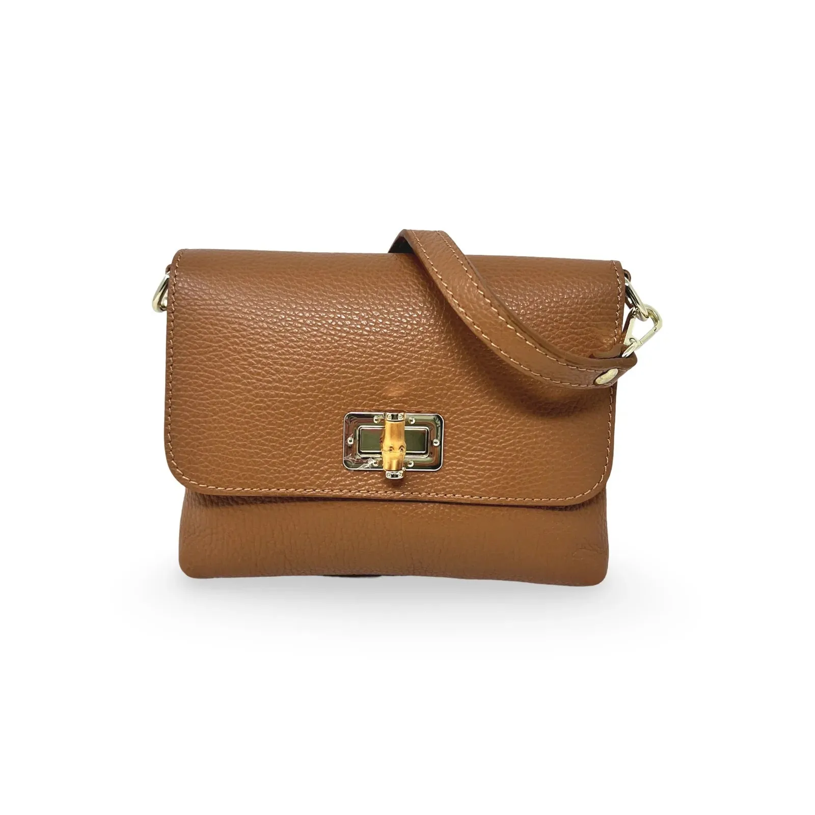 Camel Leather Bamboo Closure Small Handbag