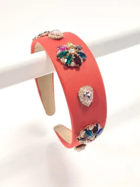 Flame Red Satin Muti Colour Crystal Hair Band