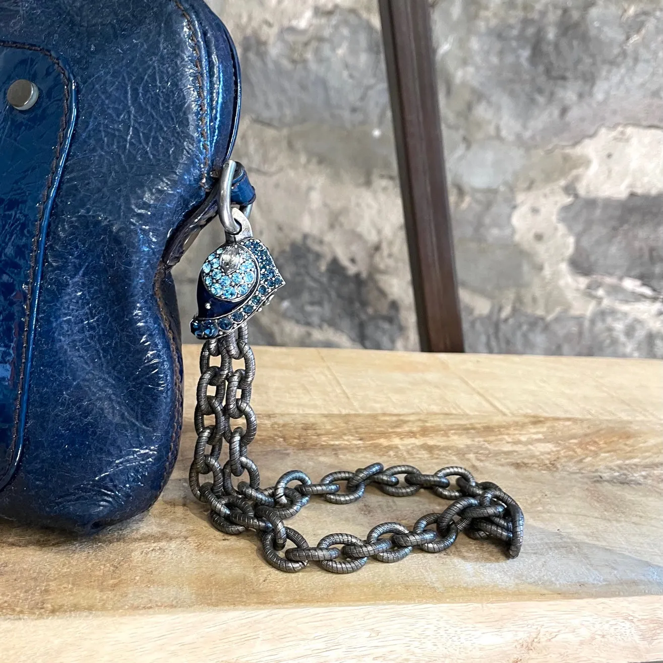 Lanvin Navy Patent Crystal Embellished Bird Head Wristlet Clutch
