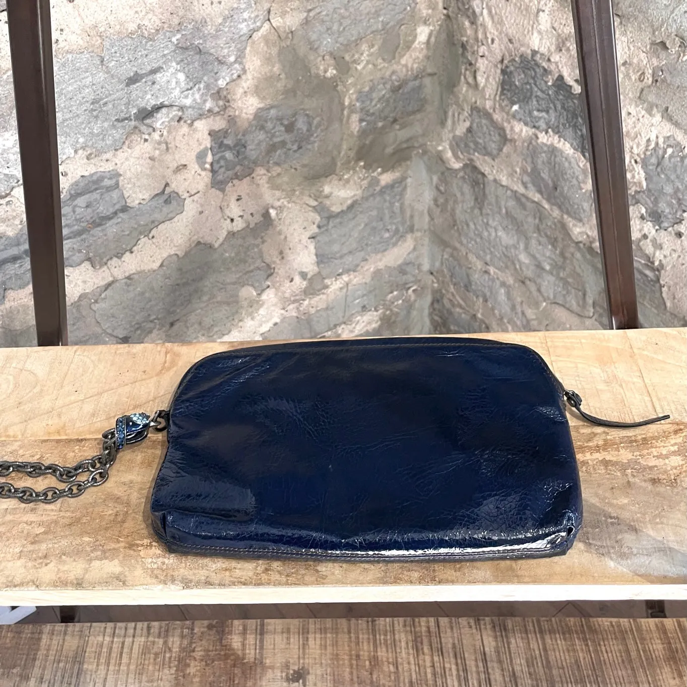 Lanvin Navy Patent Crystal Embellished Bird Head Wristlet Clutch