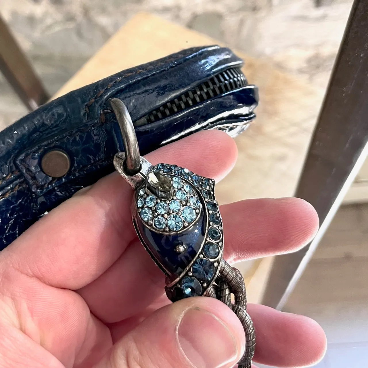 Lanvin Navy Patent Crystal Embellished Bird Head Wristlet Clutch