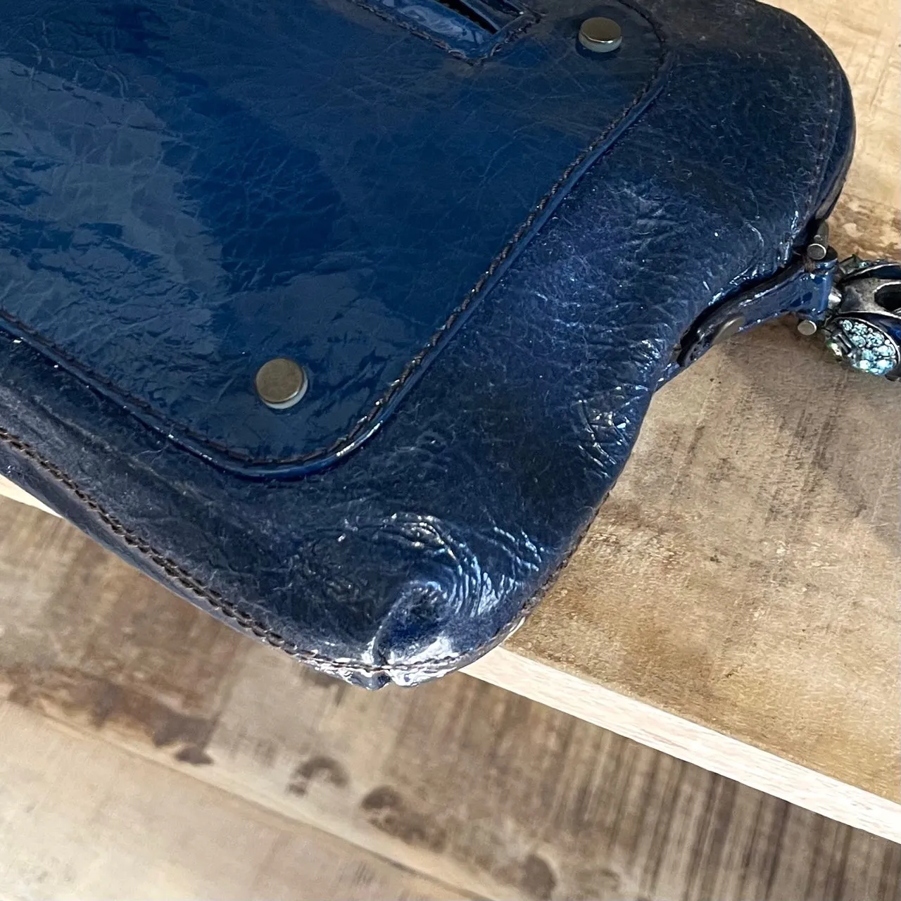 Lanvin Navy Patent Crystal Embellished Bird Head Wristlet Clutch