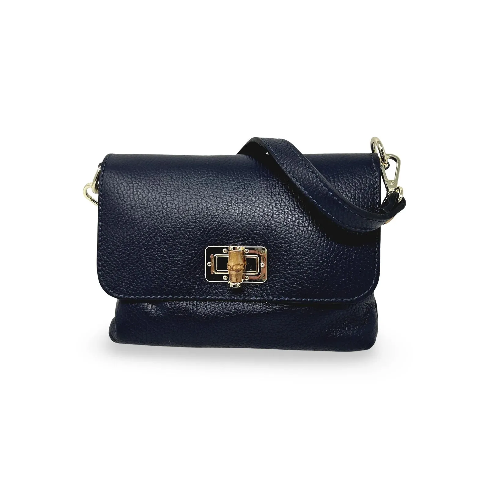 Navy Leather Bamboo Closure Small Handbag