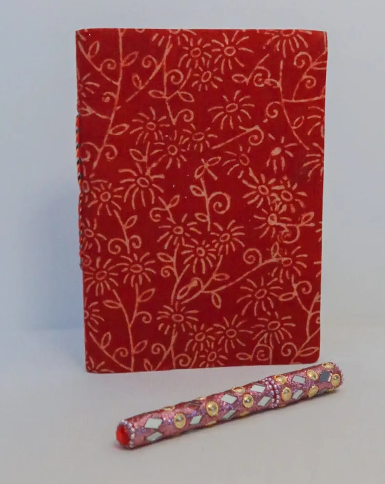 Small handmade notebook soft fabric cover | Red with flowers