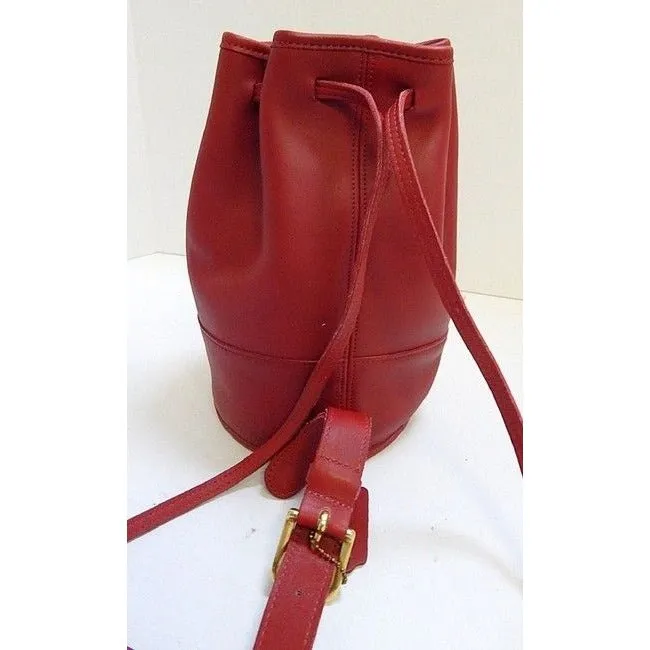 vintage, Coach, 'Bixby', large, drawstring top, bucket shaped, satchel style, sling style shoulder bag or backpack in buttery soft red leather with brass accents