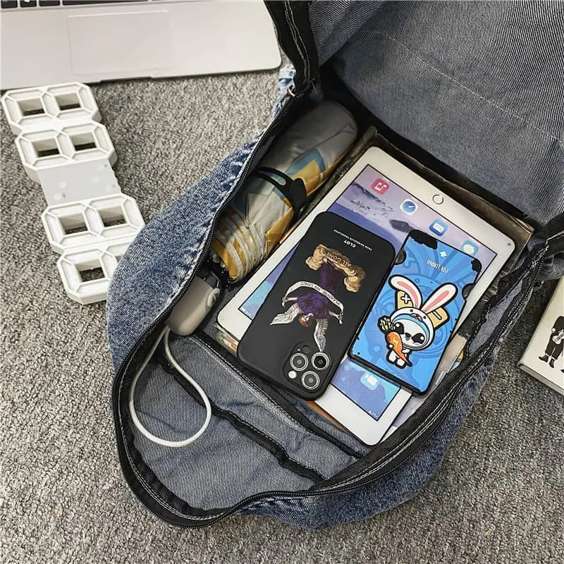 Washed denim bag large capacity shoulder backpack